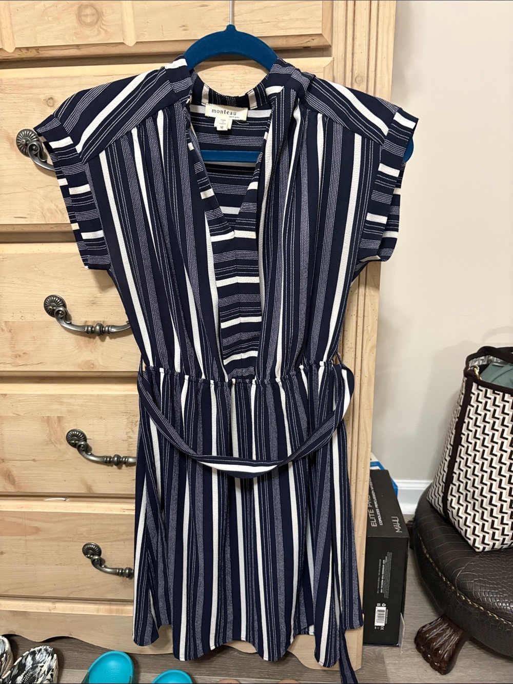 Monteau Navy and White Vertical Stripe Mini Dress